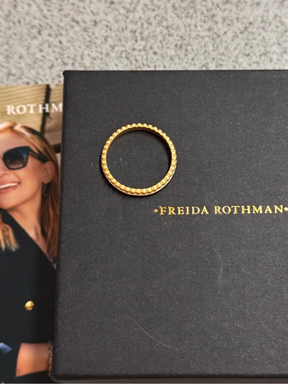 Freida Rothman Matte Gold Beaded Edge Stackable Ring
